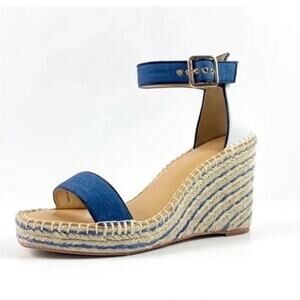 CABi Parker Espadrille Wedge Sandals 4" Heel in Blue and White Women's Size 8